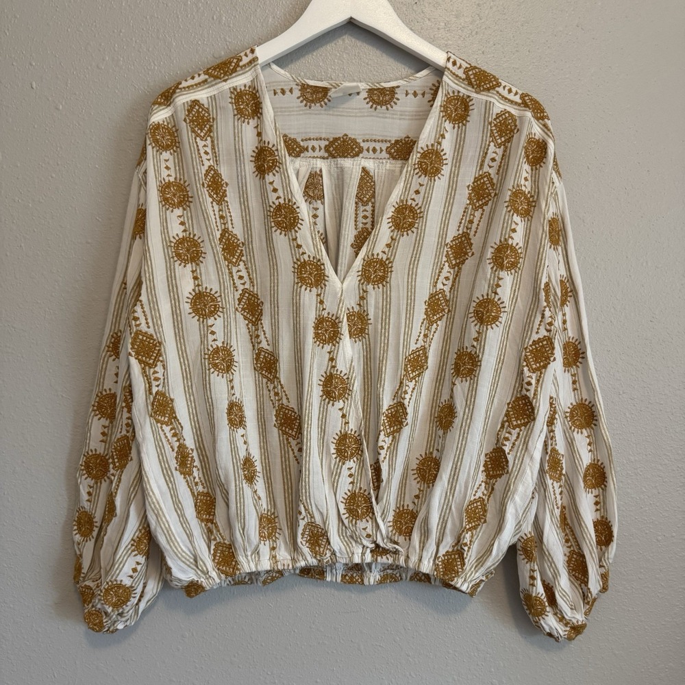 By Together Embroidered White & Gold Boho  Peasant‎ Blouse Excellent Condition M